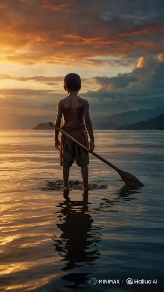Boy Stands in Sunset Sea with Paddle – AI Generated Video | Hailuo AI