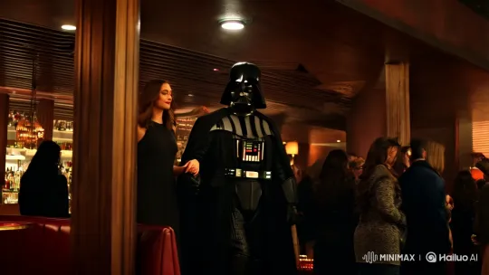 Elegant Woman and Darth Vader Enter a Retro Bar – AI Generated Video | Hailuo AI