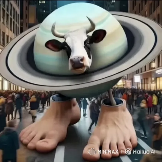 Giant Cow Head with Saturn's Rings Walks Through City – AI Generated Video | Hailuo AI