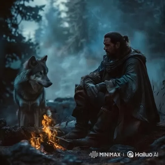 Man and Wolf Bond by Winter Campfire – AI Generated Video | Hailuo AI