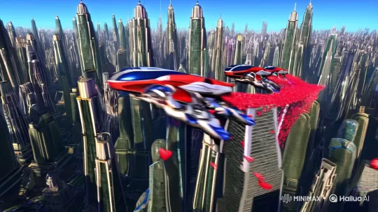 Cybernetic Ships Race Through Futuristic Metropolis Skyline – AI Generated Video | Hailuo AI