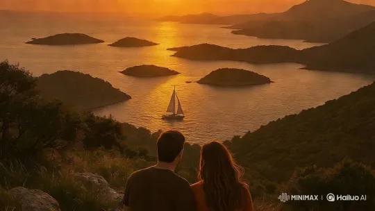Couple Overlooking Sunset Bay with Sailboat – AI Generated Video | Hailuo AI