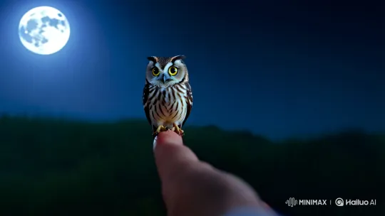 Tiny Owl Perches on Finger in Moonlit Serenity – AI Generated Video | Hailuo AI