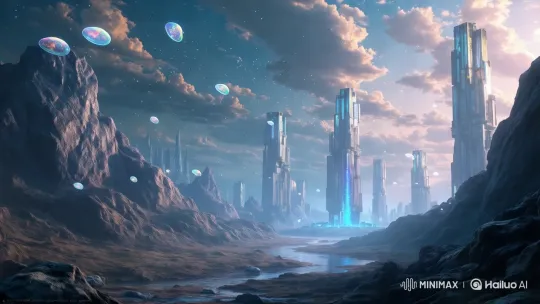 Futuristic Cityscape with Towering Structures and Glowing Orbs – AI Generated Video | Hailuo AI