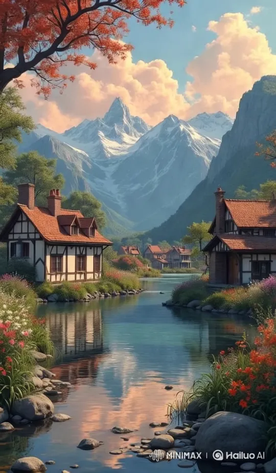 Idyllic Village Amidst Majestic Mountainscape – AI Generated Video | Hailuo AI