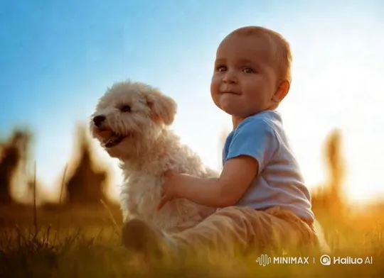 Child and Dog Play in Golden Sunlight – AI Generated Video | Hailuo AI