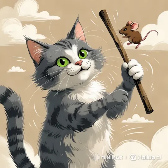 Aesthetic Cat Strikes Mouse with Stick in Slow Motion – AI Generated Video | Hailuo AI