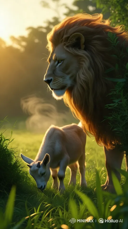 Lion Approaches Unaware Grazing Goat in Golden Light – AI Generated Video | Hailuo AI