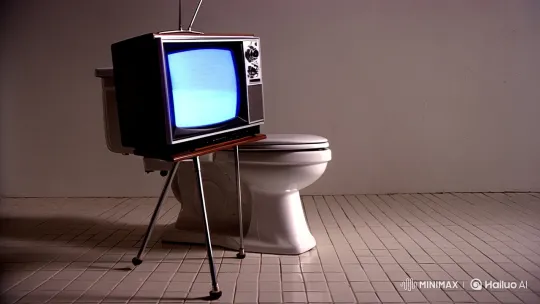 Surreal Television Strides Around Toilet in Minimalist Setting – AI Generated Video | Hailuo AI