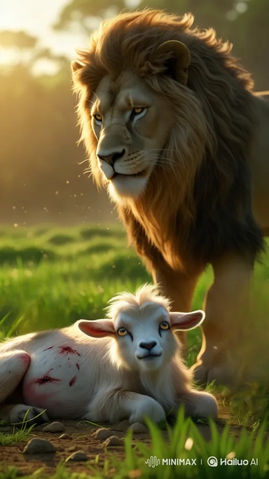Lion Approaches Unaware Goat in Golden Morning Light – AI Generated Video | Hailuo AI