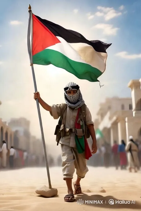 Palestinian Child Walks with Flag in War-torn Street – AI Generated Video | Hailuo AI