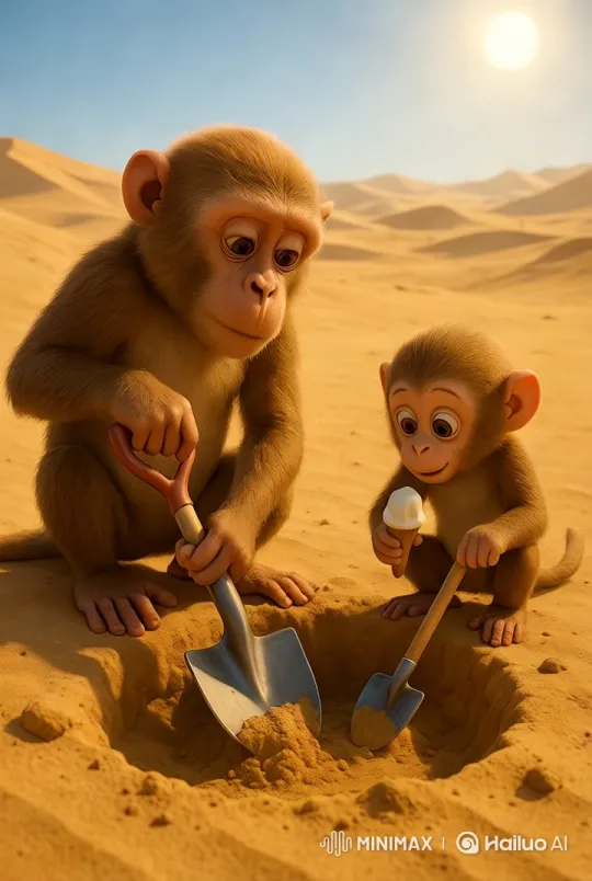Monkeys Bond in Desert Digging Scene – AI Generated Video | Hailuo AI
