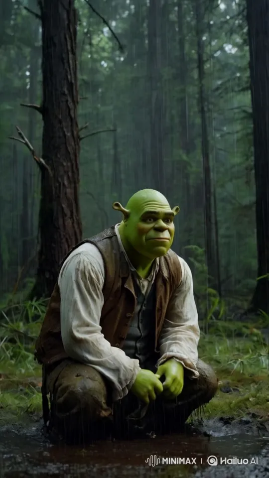 Shrek's Emotional Solitude in the Rainy Forest – AI Generated Video | Hailuo AI
