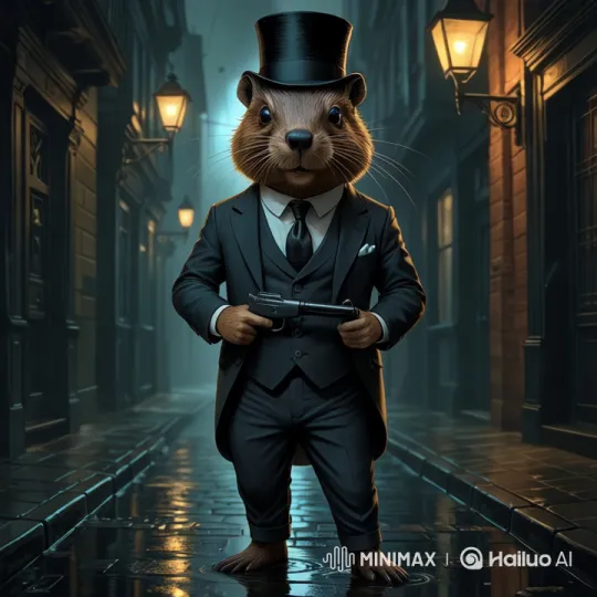 Anthropomorphic Character Aims Gun in Noir-Inspired Live2D Alley – AI Generated Video | Hailuo AI