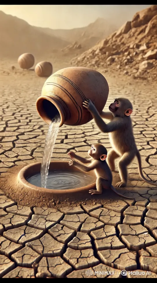 Monkey Pouring Water in Desert with Baby – AI Generated Video | Hailuo AI