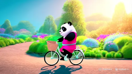 Panda Dances Gracefully on Bicycle in Whimsical Scene – AI Generated Video | Hailuo AI