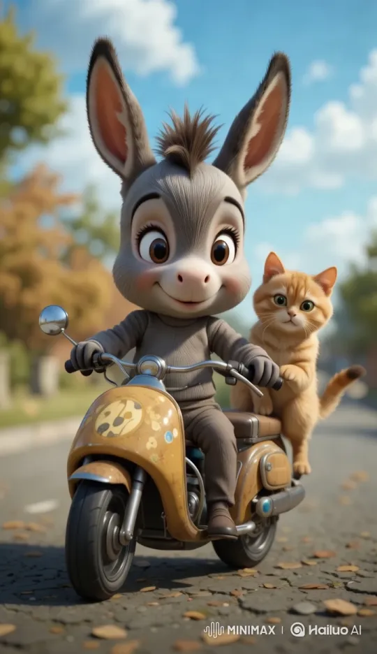 Animated Donkey and Kitten on a Vintage Motorbike – AI Generated Video | Hailuo AI