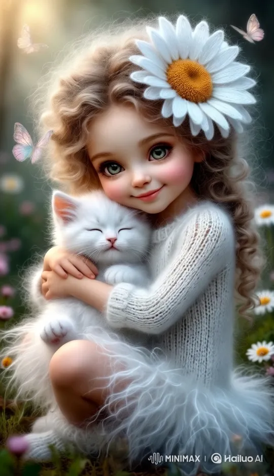 Enchanted Moment: Girl Hugs Kitten Amidst Fluttering Butterflies – AI Generated Video | Hailuo AI