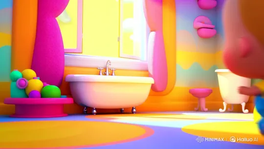 Magical Toddler in Bright Animated Bathroom – AI Generated Video | Hailuo AI