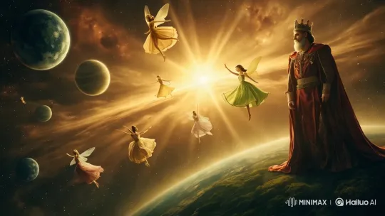 Cosmic Dance: King and Fairies in Celestial Splendor – AI Generated Video | Hailuo AI