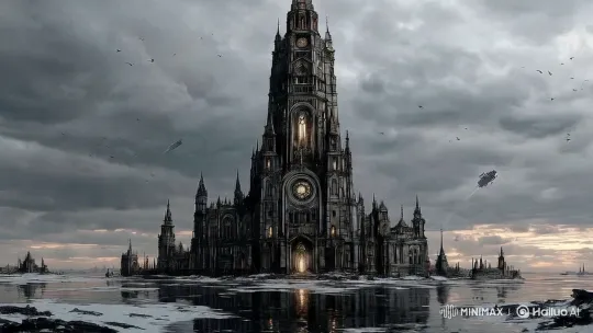 Gothic Cathedral Emerges in Stormy Sci-Fi Skyline – AI Generated Video | Hailuo AI