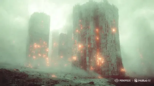 Apocalyptic Collapse of Dystopian Towers in Fog – AI Generated Video | Hailuo AI