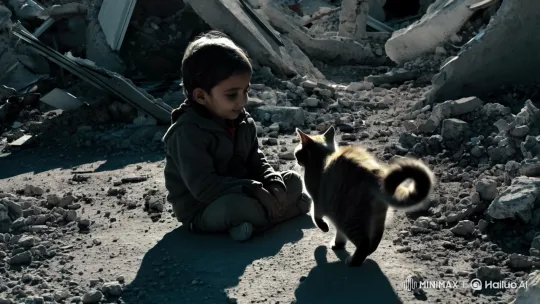 Child and Cat Amidst Gaza's Ruins – AI Generated Video | Hailuo AI