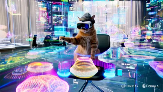 Futuristic Cat Interacts with Holographic Tech in Aesthetic Setting – AI Generated Video | Hailuo AI