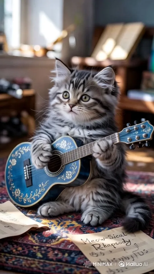 Fluffy Kitten Plays Musical Guitar in Cozy Setting – AI Generated Video | Hailuo AI
