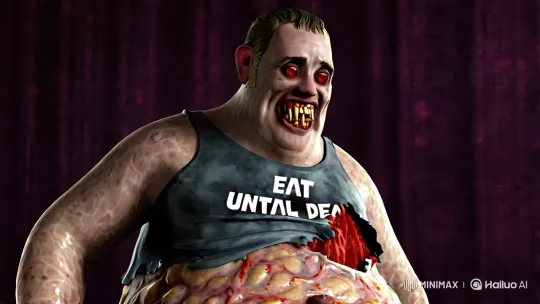 Grotesque 3D Horror: Bloated Man with Ripped 'Eat Until Death' Top – AI Generated Video | Hailuo AI