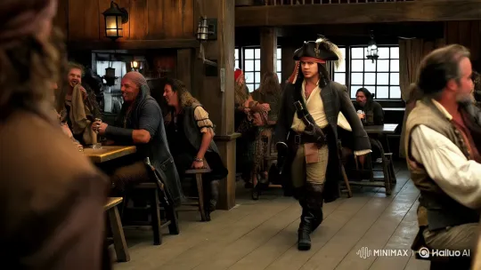 Captain Enters Tavern: Pirates Hush in Respect – AI Generated Video | Hailuo AI
