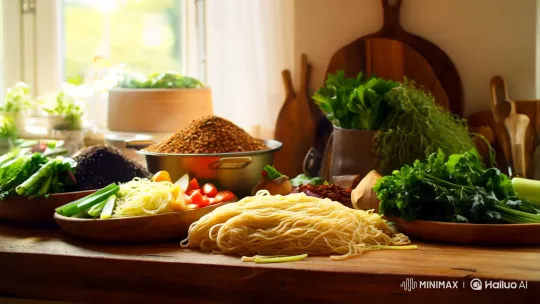 Culinary Artistry: Homemade Noodles and Vibrant Sauce – AI Generated Video | Hailuo AI