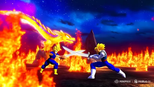 Goku and Vegeta's Fiery Sword Battle in a Starry Night Sky – AI Generated Video | Hailuo AI