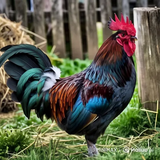 Colorful Rooster Showcased in Lush Farmyard – AI Generated Video | Hailuo AI