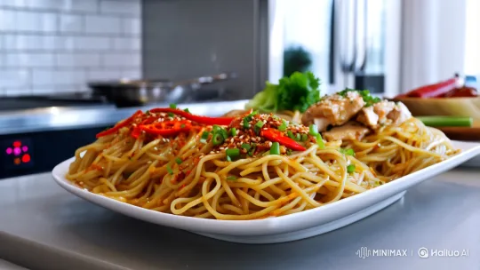 Vibrant Chicken Chow Mein Display in Modern Kitchen – AI Generated Video | Hailuo AI
