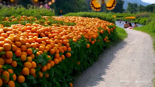 Vibrant Mandarins Frame Serene Path in Aesthetic Scene – AI Generated Video | Hailuo AI