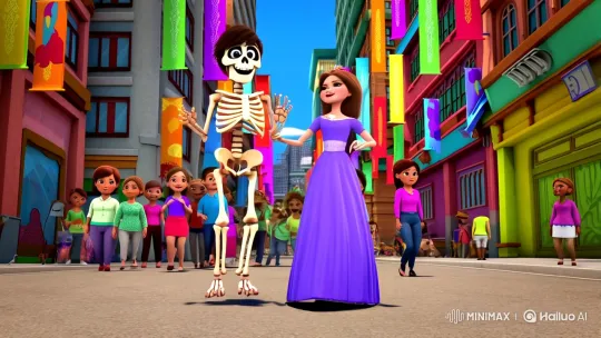 Joyful Skeleton Boy and Lady Dance Through Bustling Street – AI Generated Video | Hailuo AI