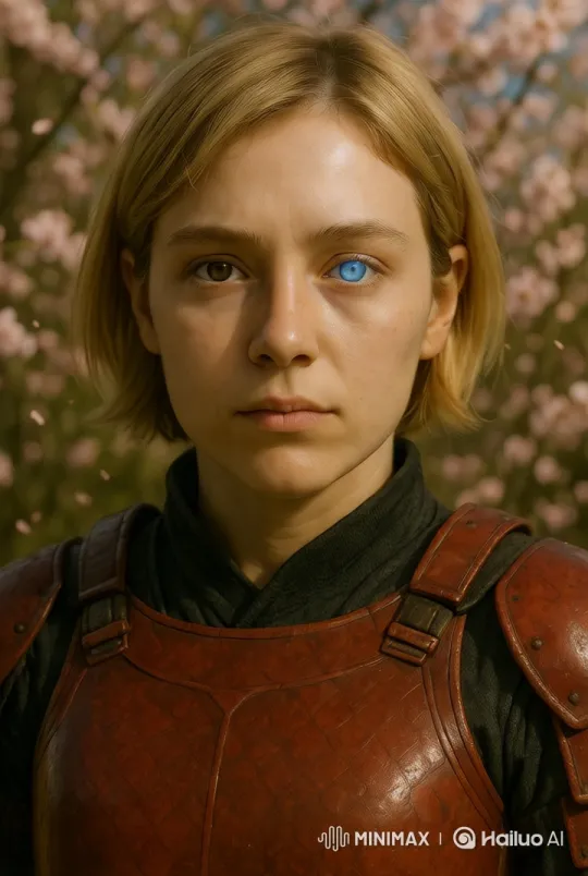 Cinematic Zoom-In on a Female Warrior in Cherry Blossoms – AI Generated Video | Hailuo AI