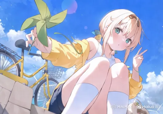 Summer Day: Girl with Pinwheel & Peace Sign – AI Generated Video | Hailuo AI