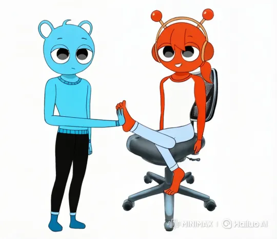 Blue Character Sniffs Red Character's Foot in Friendship – AI Generated Video | Hailuo AI
