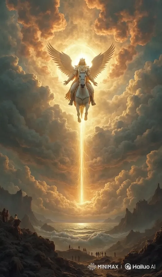 Celestial Arrival: Winged Horse and Rider Descend Dramatically – AI Generated Video | Hailuo AI