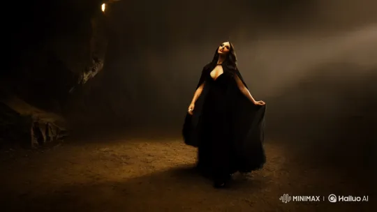 Megan Fox Enchants with Mysterious Cape in Shadowy Seduction Scene – AI Generated Video | Hailuo AI