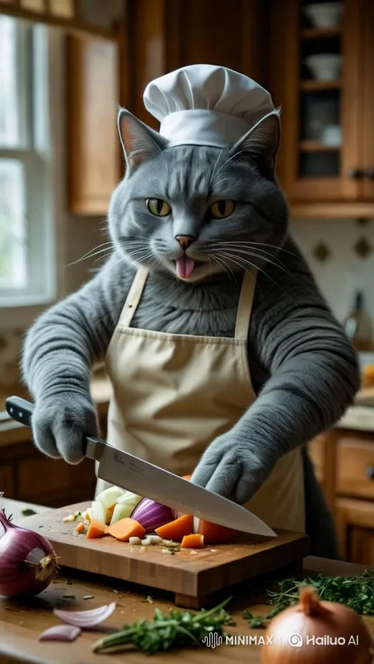 Cat Chef: Whiskered Chef Prepares Vegetables – AI Generated Video | Hailuo AI