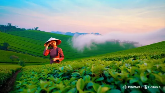 Vietnamese Tea Girl in Serene Morning Hillside – AI Generated Video | Hailuo AI