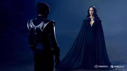 Megan Fox Enchants in Dramatic Cape Scene – AI Generated Video | Hailuo AI