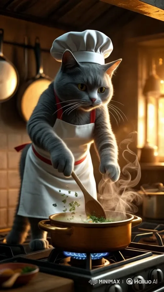 Cat Chef Cooks in a Cozy Kitchen – AI Generated Video | Hailuo AI