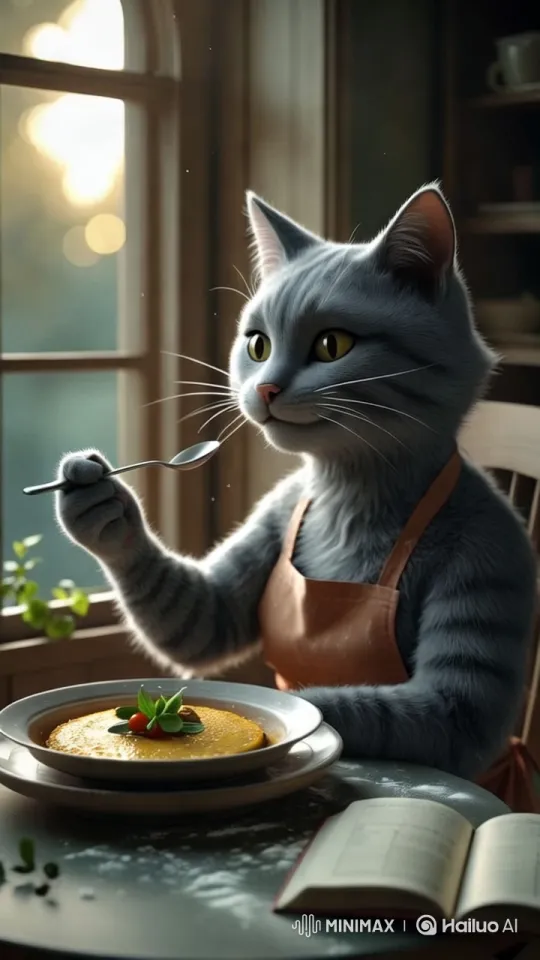 Cat Enjoys Cozy Interior with Delightful Meal – AI Generated Video | Hailuo AI