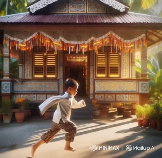 Boy Runs Through Festive Courtyard in Golden Light – AI Generated Video | Hailuo AI