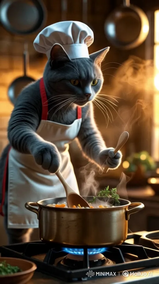 Anthropomorphic Cat Chef Prepares Meal in Cozy Kitchen – AI Generated Video | Hailuo AI