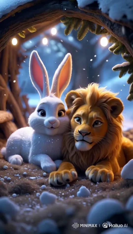 Snowy Den: Bunny and Lion's Friendship Rest – AI Generated Video | Hailuo AI
